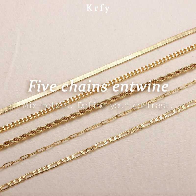 Krfy 5/6Pcs Gold Plated Bracelets for Women Trendy, S925 Plated Silver Bracelet Stack, Non Tarnish Waterproof Bracelets for Women, Paperclip Herringbone Figaro Cuban Twist Chains, Size 6.5''+2'' - Image 4